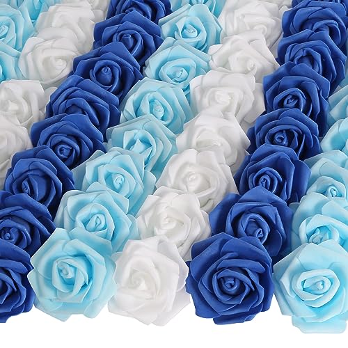 100pcs Blue Artificial Rose Flower Heads, 3inch White Foam Roses Bulk Stemless Fake Flower Heads for DIY Crafts,Cake Decoration Wedding,Baby Shower Flower Centerpieces(Shades of Blue) - color: Shades of Blue