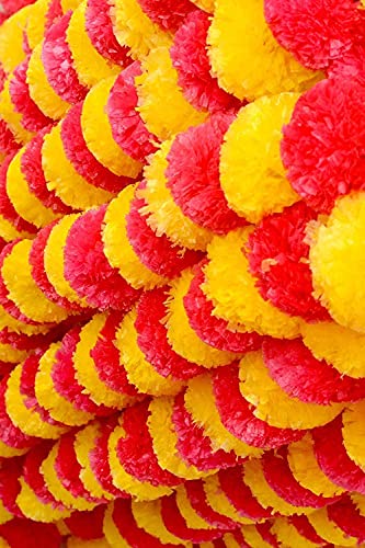 Artificial Marigold Garland for Decoration 5 Pcs of 5 feet Long Strands Artificial Marigold Flowers, Indian Decor for Pooja, Wedding Christmas, Events Decorations (Yellow+Red) - color: Yellow+red