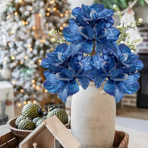 Briful Amaryllis Artificial Christmas Flower Stems, 19.7" Blue Glitter Faux Amaryllis with Detachable Heads for Xmas Home Party Wedding Bouquet Vase Arrangement Decor - color: Blue