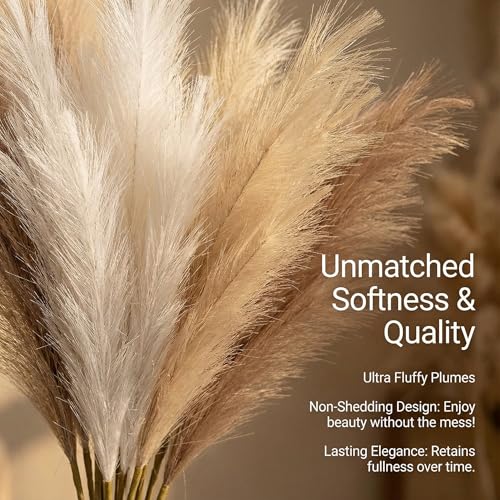 Pampas Grass Decor 21.7 Inch 30pcs, Faux Pampas Grass White Beige Brown Ultra Fluffy No Shedding for Boho Home Bedroom Wedding Vase Filler Dried Flower Arrangement - size: White Beige Brown