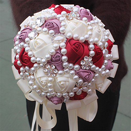 USIX Handcraft Popular Satin Rose Rhinestone Brooch Flower Pearl Bridal Holding Wedding Bouquet Wedding Flower Arrangements Bridesmaid Bouquet(Purple+Red) - color: Purple+red
