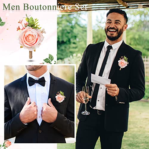 Sherr 12 Pcs Pink Rose Boutonniere for Men Wedding Corsage Rose Groom and Groomsmen Boutonniere with Artificial Flower for Rustic Vintage Wedding Ceremony Anniversary Dinner Prom Party - color: Pink