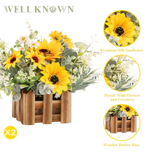 WELL KNOWN Artificial Sunflower Plants in Wooden Baskets, Faux Sunflower and Mini Wild Flowers Arrangement in Planter for Home Hotel Office Table Centerpieces & Gift (Set of 2) - color: Sunflowers