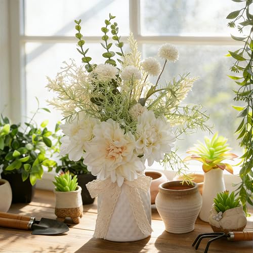 LUEUR Artificial Flowers in White Ceramic Vase Centerpieces – Spring Silk Flower Arrangement for Coffee Table Decor, Faux Flower Bouquet for Home Indoor Decoration, Bathroom, Dining Room, Kitchen - color: White
