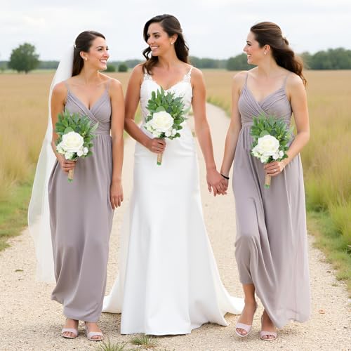 8 Inch Bridesmaid Bouquets Set of 4 - Ivory Artificial Flowers Greenery Bouquet for Wedding, Silk Small Floral Bouquet for Ceremony and Anniversary Marriage Proposal Centerpiece Decorations - color: Ivory Rose, size: 4pcs