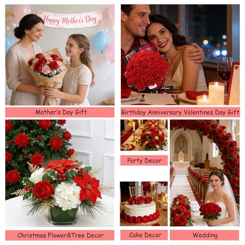 MERIXMAS Roses Artificial Flowers, Fake Silk Roses with Stems for Valentine's Day Mother's Day Christmas, Indoor Outdoor Decor Wedding Anniversary Birthday Party Decor, Gift for Her(12, Red) - color: Red