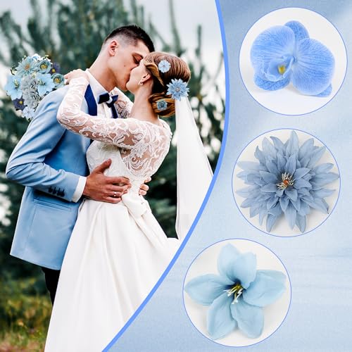 LACGO 48 PCS Fake Flowers Heads - Artificial Flower Heads Bulk Silk Faux Flower for Crafts Cake Blossom Wreath Garland Bouquets for Crafts Wedding Bridal Party Baby Shower Home Decoration(Blue) - color: Blue