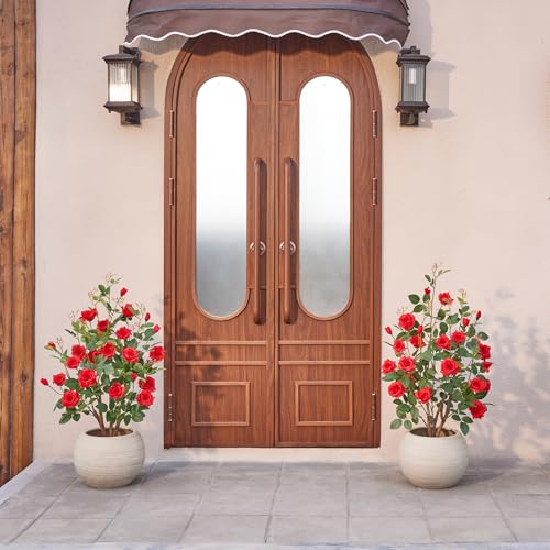 VeriNatural Fake Rose Plants,3Ft(36") Red Artificial Roses,UV-Resistant Faux Silk Flowers for Indoor Outdoor,Potted Faux Trees for Home Decor, Courtyard,Patio, Front Porch Topiary Set of 2 - color: Red, size: 3ft