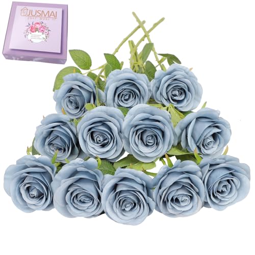 JUSMAI 12pcs Roses Artificial Flowers Dusty Blue Silk Roses with Long Stems Fake Flowers for Wedding Bouquet Centerpices Decorations Party Bridal Baby Shower Home Decor - color: Dusty Blue, size: 12PCS