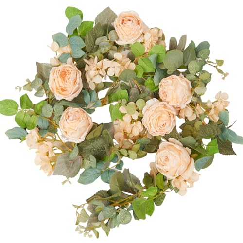 PONKING Flower Garland Artificial Rose & Hydrangea Vine Hanging Fake Flowers Vines for Wedding Birthday Party Valentines Christmas Room Wall Arch Decor, 1 Rose & 1 Hydrangea Champagne Floral Garland - color: Large Rose & Hydrangea Champagne Vines 5.4ft