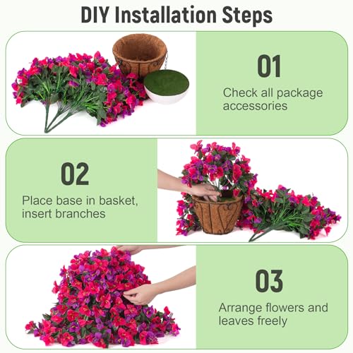 3 pcs Fake Bougainvillea Artificial Hanging Flowers Basket for Outdoors Decoration Faux Hanging Flowers Plants for Outdoor Planters Silk Bougainvillea Vines for Front Door Porch Patio Garden - color: Hot Pink and Light Purple+basket