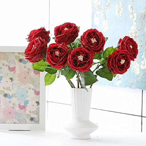UKELER Red Roses 4 Pcs Real Touch Artificial Flowers Austin Rose Peony with Stem for Wedding Party Decoration Flower Arrangement - color: Red