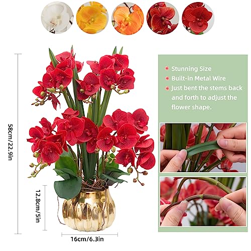 CXGS Artificial Orchid Flower Real Touch Faux Orchids in Ceramic Vase Large 22.9'' Fake Flowers Red Phalaenopsis Floral for Home Indoor Decor - color: Red- Golden (Large Pot)