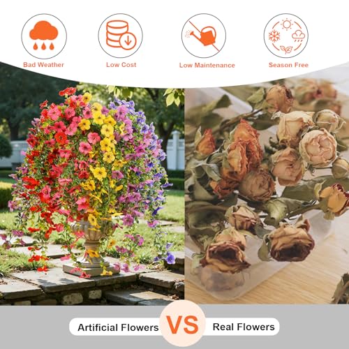 Artificial Hanging Flowers for Outdoor Decor, 6 Bundles UV Resistant Faux Silk Flowers, Fake Hanging Plants for Porch Patio Yard Planter Indoor Home Decoration(Fuchsia, Red, Purple, Yellow, Blue) - color: 5 Multicolor