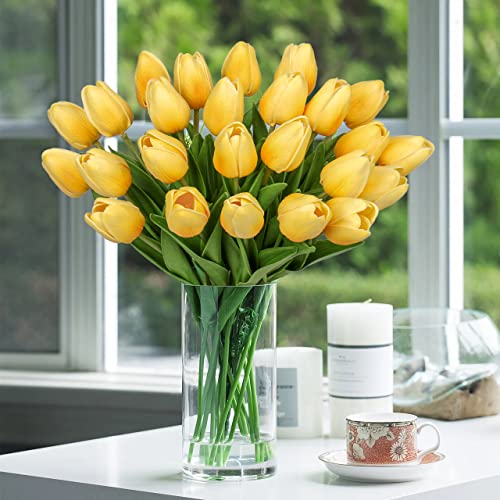 24 Pcs Yellow Tulips Artificial Flowers Real Touch Fake Tulips Fake Flowers for Mother's Day 13.5" Faux Tulips Faux Flowers Bulk Artificial Tulips Flowers for Vase Centerpieces Home Wedding Bouquet - color: 24pcs Gradient Yellow