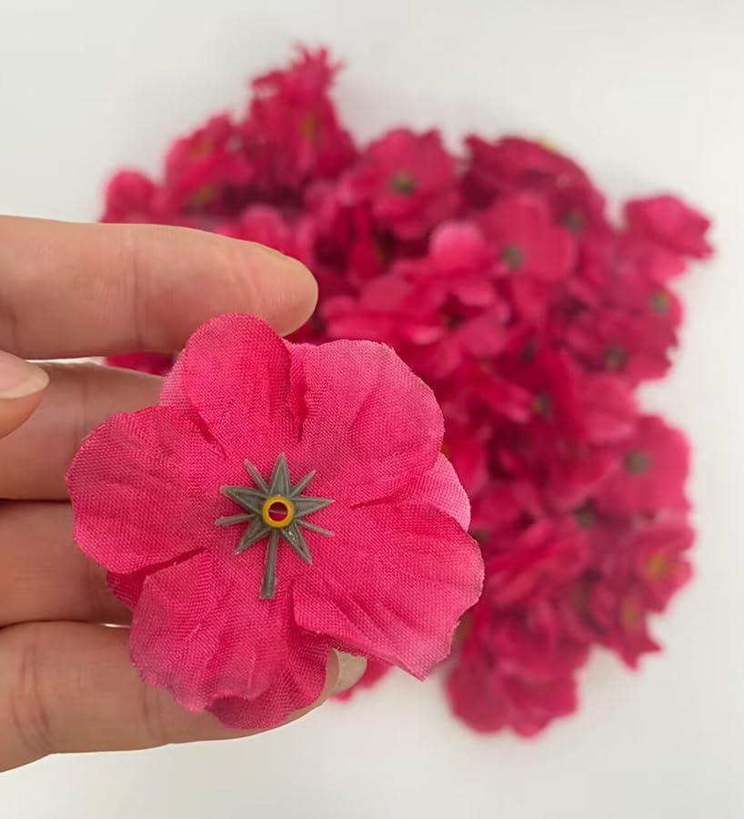 100 Artificial Silk Cherry Blossom Flower Heads Spring Fake Plum Blossom Peach Blossom, Vase Fillers, Corsages for Wedding Decor, Nursery Wall, Archway Wreath Garland Cake Ornaments, 5cm (Rose Red) - color: Rose Red