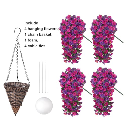 Artificial Fake Hanging Flowers in Basket for Outdoor Indoor Decoration,UV Resistant Faux Silk Dark Purple and Fuchsia Morning Glory Plants Realistic Hanging Planter for Outside Home Porch Yard - color: Fuchsia+dark Purple Morning Glory