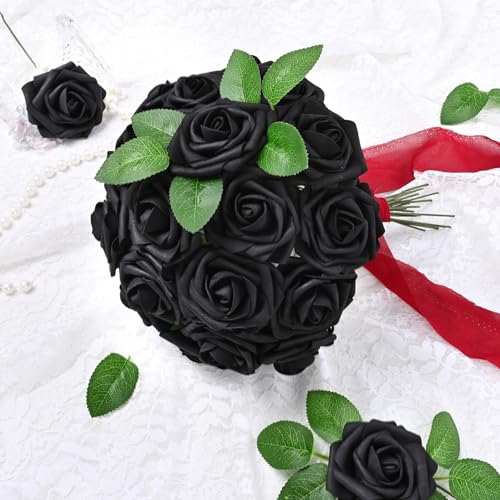 25 Pcs Artificial Flowers Fake Rose with Stems - Black Real Touch Foam Roses for DIY Wedding Bouquet Bridal Shower Cake Toppers Centerpiece Table Valentines Day Decorations - color: Black, size: 25Pcs