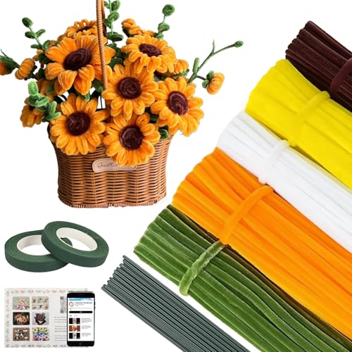 350Pcs Pipe Cleaners Craft, 5 Colors Pipe Cleaner Flower Kit, Thick Fluffy Chenille Pipe Cleaners Bulk with Floral Wires, Tape & Video Tutorial, DIY Handmade Sunflowers Making Bouquet, Creative Gift - color: 350 Pcs 5 Colors-Sunflower