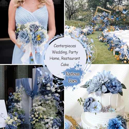 Dusty Blue Artificial Flowers Combo Box Set Silk Roses Dahlia with Stems DIY Bridal Wedding Bouquets Navy Royal Blue Cake Fake Floral Arrangements Baby Shower Party Table Centerpieces Home Decor Bulks - color: Navy, Dusty Blue