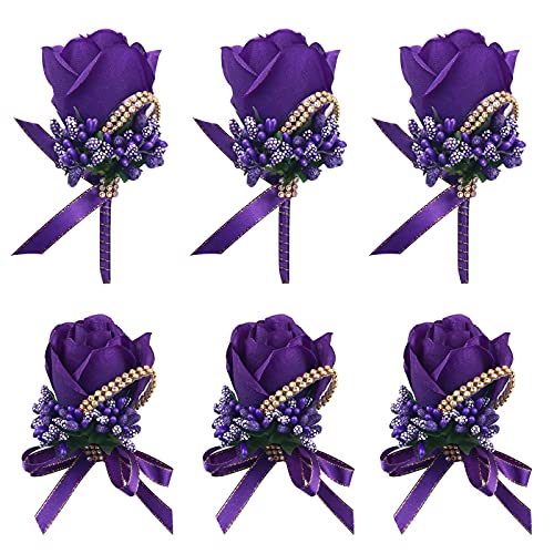 Wrist Corsage Boutonniere Set 6 Pack, Artificial Rose Bridesmaid Corsage and Groom Men Boutonniere for Wedding Party Prom (Boutonnieres Wristlet - Purple, 6 Pcs) - color: Boutonniere Corsage- Purple, size: 6 Packs