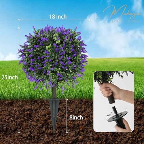 Muhanjia Artificial Boxwood Topiary Ball with Lavender,Set of 2,UV Resistant Artificial Shrub Bushes with Ground Spike,Fake Evergreen Plant Easy to Insert in Ground for Porch Outdoor Indoor (Lavender) - color: Lavender