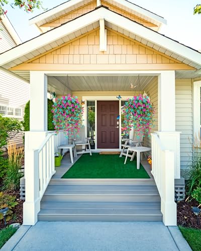 Cascading Fake Hanging Flowers for Outdoors,Realistic Artificial Hanging Plants Yard Decorations,4 Bundles UV Resistant NO Fade Silk Colorful Morning Glory for Outside Garden Planter Front Porch Decor - color: Teal+purple