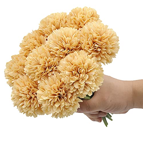 10Pcs Artificial Fake Flower Plants Silk Chrysanthemum Ball Hydrangea Arrangements Wedding Bouquets Decor Home Kitchen Garden Party Table Floral Centerpieces DIY (Beige) - color: Beige