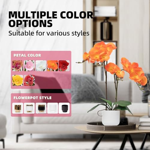 CXGS Orchids Artificial Flowers Real Touch Fake Flowers in Ceramic Pot 20" Orange Faux Orchid Plant Lifelike Silk Phalaenopsis for Centerpiece Hotel Home Indoor Decor - color: Orange- White Vase