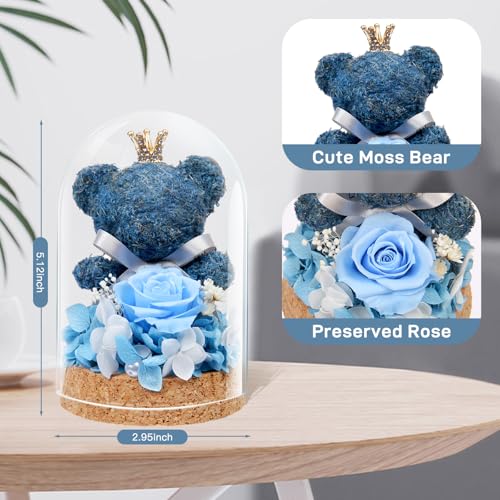 Preserved Rose Flowers Gifts for Her, Real Forever Rose in Glass Dome with Adorable Bear for Girlfriend,Mom,Wife,Grandma on Birthday Anniversary Valentine's Day (Blue) - color: Blue