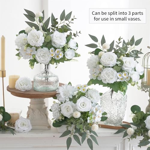 10 Pcs Mixed Artificial Flowers Set, Artificial Peony Bouquet Fake Rose Flower Silk Floral Arrangements for Table Centerpiece Home Wedding Party Bridal Vase Decoration(White, 6 Bouquets & 4 Stems) - color: White, size: Mixed 10pcs
