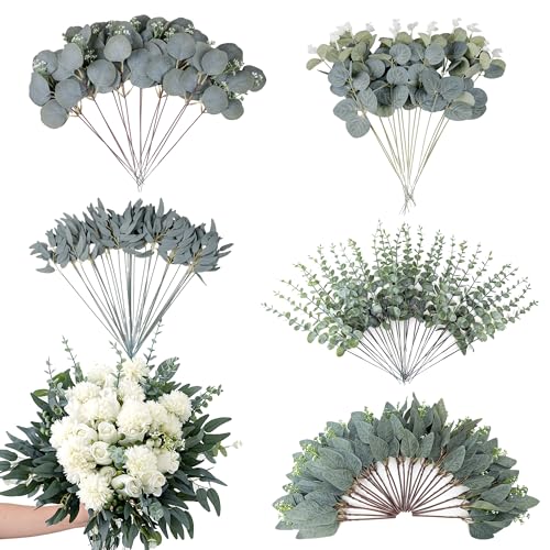 120 Pcs Mixed Eucalyptus Leaves Stems 5 Kinds Artificial Bulk Fake Silver Dollar Eucalyptus Bundle Faux Plants Greenery for DIY Wedding Vase Bouquets Floral Arrangement Engagement Decor （Green） - color: Green - 120 Artificial Green Plants (5 Styles)
