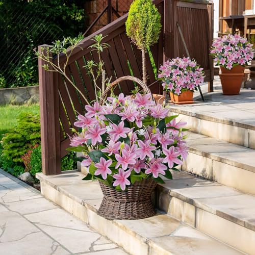 14'' Artificial Plants Fake Lily Flowers in Pot for Home Garden Indoor Outdoor Spring Summer Decorations (Pink) - color: Pink