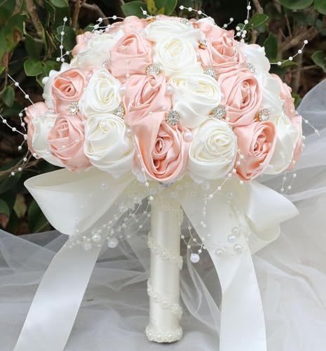 Ujicde Romantic Wedding Bouquet Bridal Bridesmaid Round Bling Brooch Bouquet Throw Toss Artificial Rose Flower Bunch with Sparkle Rhinestone Crystal Decoration(Peach Pink+Ivory,Dia. 6.3"*16cm) - color: Peach Pink+ivory, size: Dia. 6.3"*16cm