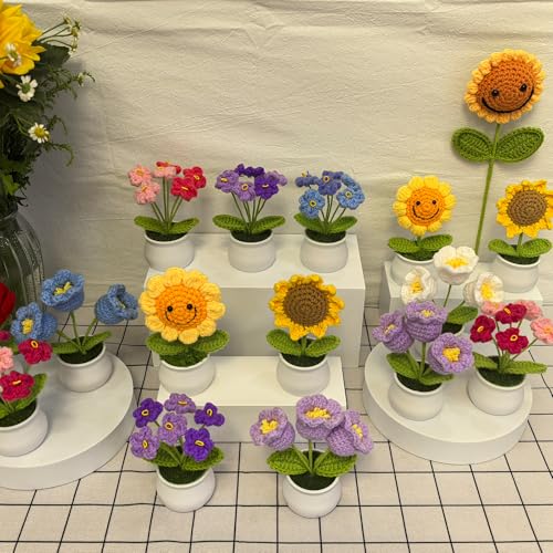 Crochet Flowers Bouquet for Home Office Desk Decorations, Birthday Gifts for Women Her Mom Teacher Coworkers Sister Friends, Purple