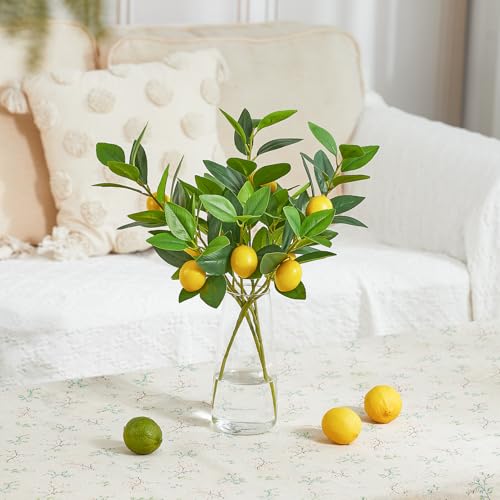 3 PCS Artificial Lemon Branches for Vase 18 Inch Fake Lemons Picks | Greenery Stems, Fake Fruits, Lemon Branches Realistic, Faux Lemons Tree Decor - color: Yellow