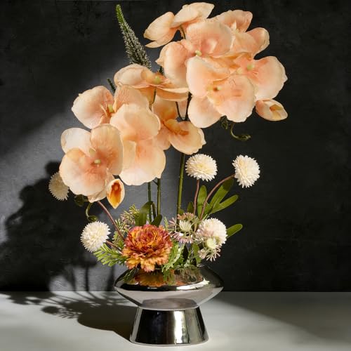 LESING Orchids Flowers Arrangement in Pot,Fake Silk Orchid Artificial Flower with Ceramic Vase Faux Orchid Flower Bonsai Vivid Phalaenopsis Flowers Potting Decoration (Silver Vase,Light Coffee) - color: Silver Vase,light Coffee
