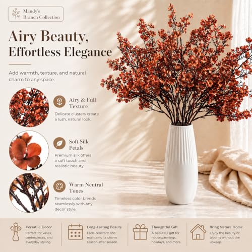 Mandy's 6 Bundles Artificial Burnt Orange Baby’s Breath Flowers | 18.5 Inch Silk Gypsophila European Style Modern Home Decor Centerpiece Neutral Wedding Flower Arrangements - color: Burnt Orange