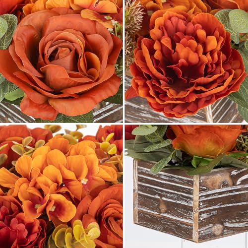 DILATATA Flower Arrangement with Wooden Vase 14" Artificial Flowers in Pot - Fake Flowers Roses Peonies Hydrangeas in Wooden Vase Potted Flower Centerpieces for Table Decor Living Room - Dried Orange - color: 14"l Dried Orange