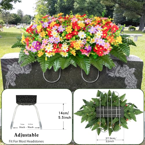 XONOR Artificial Cemetery Flowers Saddle, Artificial Memorial Silk Daisy with Vase for Grave Headstone Decoration, Assorted Colors Daisy for Spring Summer Decoration(Saddle&Bouquets) - color: Saddle&bouquets