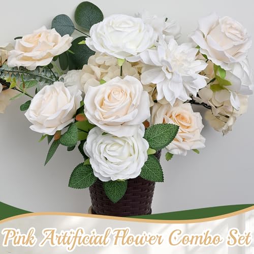 80Pcs Artificial Flowers Combo, Champagne Fake Silk Flowers Decor with Stems for DIY Roses Wedding Party Centerpieces Bridal Bouquets Cake Decorations Arrangements Indoor Outdoor - color: Champagne