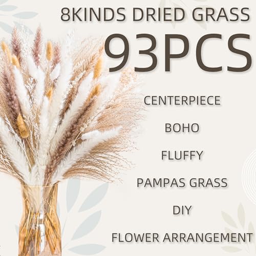 Natural Pampas Grass 8kind Grass Mix Bouquet | Dried Pampas Bouquet for Wedding Boho Flowers Home Table Desk Decor, Rustic Farmhouse Decor (93PCS) - size: 93PCS