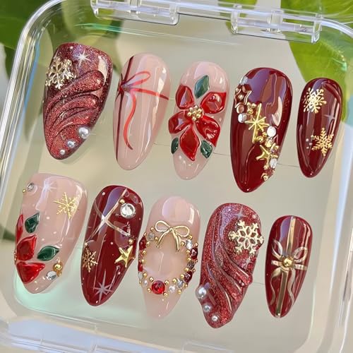 3D Handmade Press on Nails Christmas Fake Nails with Flower Star Designs Winter Xmas Acrylic Nails Red Gold Artificial Nails Gel Glue on Nails Holiday Charm Stick on Fingernails for Women Girls 24Pcs