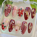 3D Handmade Press on Nails Christmas Fake Nails with Flower Star Designs Winter Xmas Acrylic Nails Red Gold Artificial Nails Gel Glue on Nails Holiday Charm Stick on Fingernails for Women Girls 24Pcs