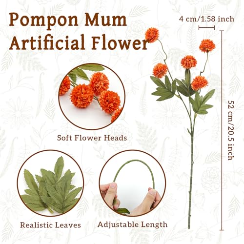 8pcs Orange Fake Flowers Silk Pompon Mum Artificial Flowers,Mini Artificial Chrysanthemums with Stems,Faux Flowers For Vase,for Wedding Centerpieces, flower arrangements, vase fillers, and home decor - color: Orange