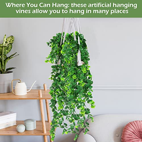 Hoteam 12 Pcs Artificial Hanging Plants 32 Inch Fake Ivy Vines with Fake Leaves Patio Artificial Plants Greenery for Living Room Indoor Outdoor Wall, No Basket (Eucalyptus) - color: Eucalyptus