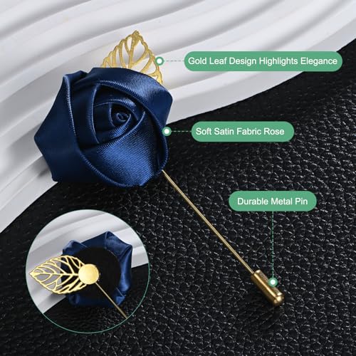 M METERXITY 1-Pack Flower Lapel Pins for Men, Golden Leaf Rose Boutonnieres Pin Groom Boutonnieres for Wedding/Dance/Party, Men Lapel Pins for Suits Satin Flower Corsage [Navy Blue] - color: Navy Blue