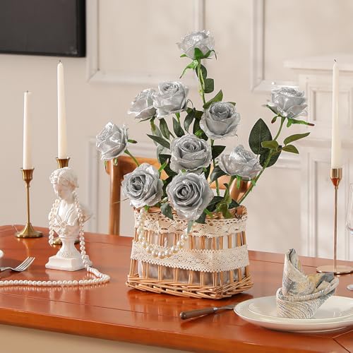 Hawesome 12PCS Artificial Silk Flowers Realistic Roses Bouquet Long Stem for Home Wedding Decoration Party (Silver, 12Pcs Flowers) - color: Silver, size: 12Pcs Flowers