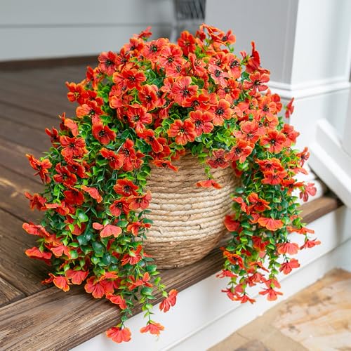 INSPRING Fall Fake Mums Artificial Flowers Hanging Decoration for Outdoors, 2Pcs Orange Daisy with Autumn Eucalyptus Leaves, Realistic Plants Decor, Silk Flower for Porch Patio Balcony Planter Yard - color: Orange