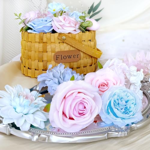 Baby Blue Pink Artificial Flowers Combo Box Set Bulks Pastel Pink Rainbow Silk Roses Individually Stems Crystal DIY Faux Bridal Wedding Bouquets Cake Decor Arrangements Baby Shower Bloom Flowers - color: Baby Blue, Pastel Pink